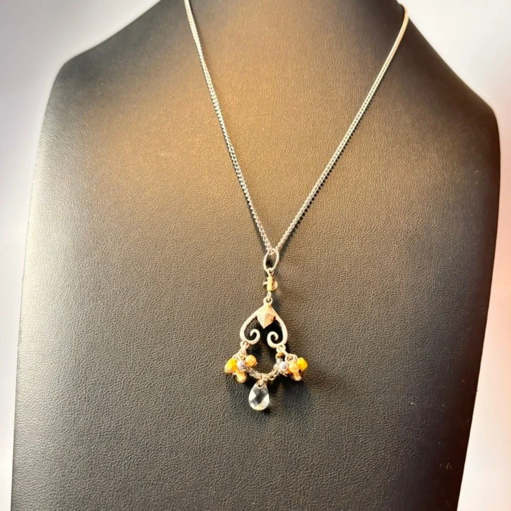 Scrollwork Chandelier Pendant Necklace Silver Orange Boho Whimsygoth Statement